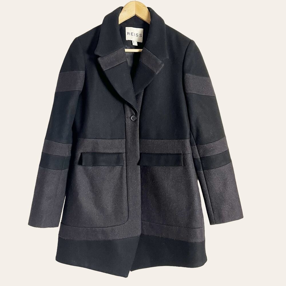 Reiss Laurent Women’s Wool Cashmere Black Gray Colorblock Pea Coat Size Small
